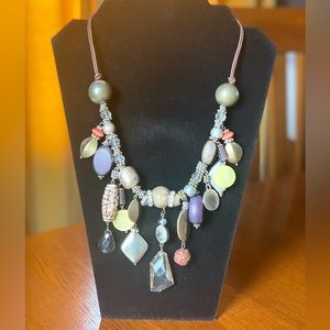 Vintage Necklace beads & bling rawhide and chain adjustable